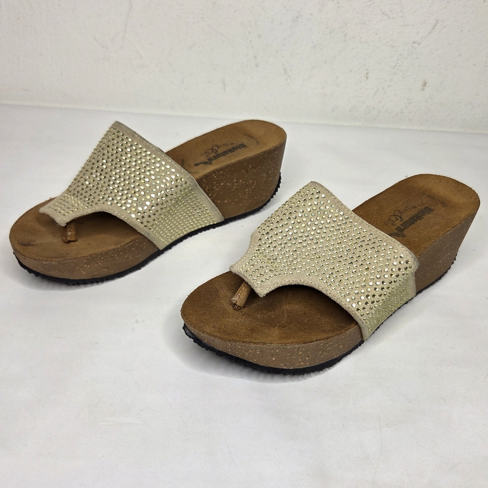 BioNatura Rhinestone Leather Thong Sandals Beige Boho Glam Italy EU 39 US 8